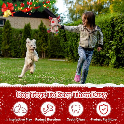 Christmas Dog Toys, Funny Squeaky Reindeer Toy with Crinkle Paper Attract Pets, Interactive Plush Chew Toys, Adorable Christmas Elk Dog Gifts for Small Medium Large Dogs