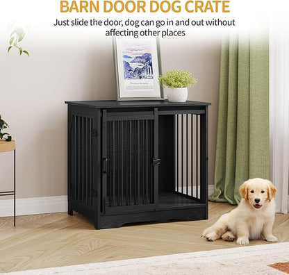 Hzuaneri 27.2" Dog Crate Furniture with Barn Door, Heavy Duty Dog Kennel Indoor with 2 Doors, Wooden Pet Cage End Table for Small Medium Dogs up to 22 lb, Anti-Chew Anti-Escape, Black DFC84304B