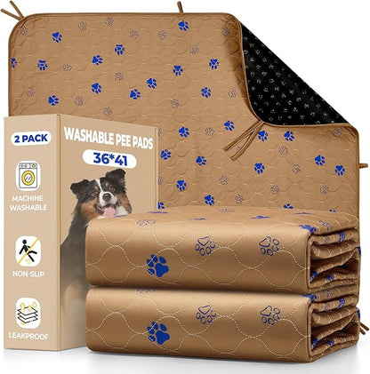 Fostanfly Washable Dog Pee Pads, 2-Pack 36"x41" Large Reusable Potty Training Pads, Ultra-Absorbent, Leak-Proof & Non-Slip, with 8 Lanyards for Playpen, Crates & Furniture, Brown