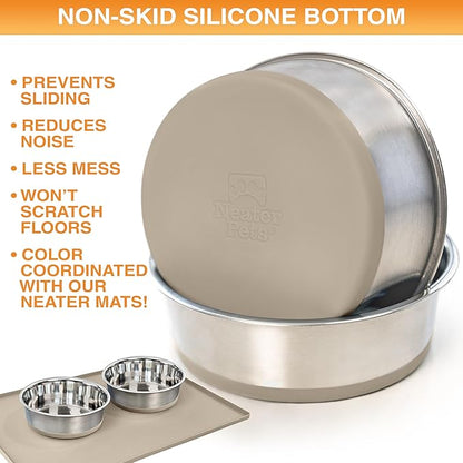 Neater Pet Brands Stainless Steel Dog Bowls with Non-Slip Rubber Bottom – 3 Cup (24 oz), Tan - Set of 2 Heavy Duty Metal Dog Bowls, Dishwasher Safe, Food or Water Bowl, Ideal for Small to Medium Dogs