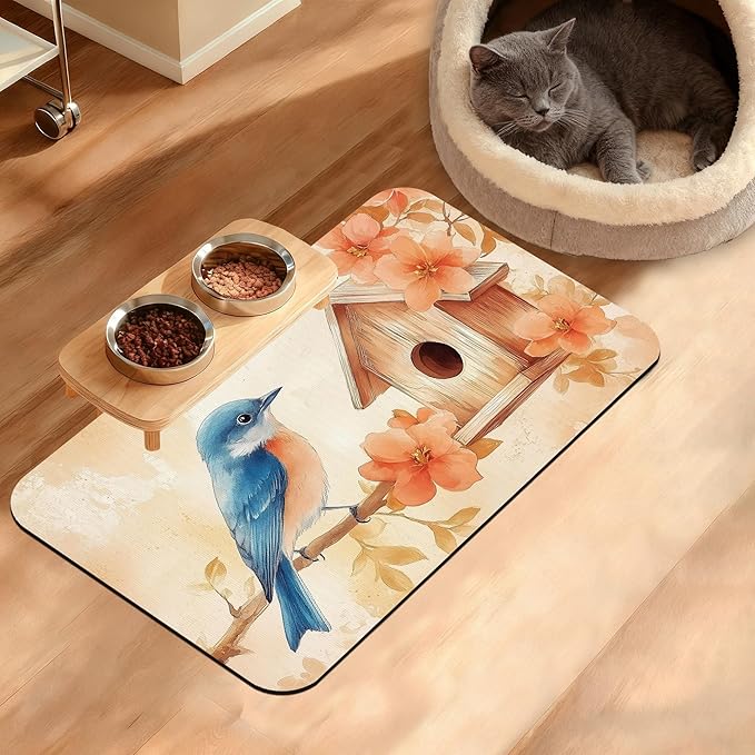 Dog Bowl Mat,Blue Bird Pet Feeding Mat for Floors Waterproof,Fall Leaves Absorbent Dogs Placemat for Food and Water Quick Dry Pet Cat Feeding Mats with Non Slip Bottom 12" x 20"