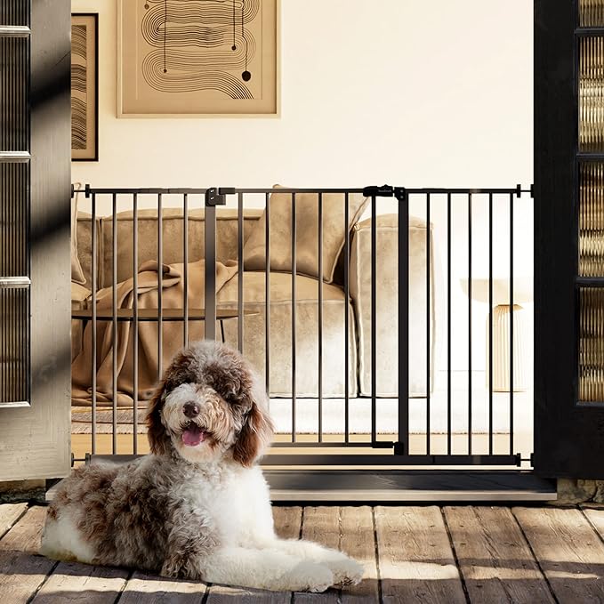 InnoTruth 29.5–49.75" Extra Wide Baby Gate for Stairs, 28" Tall Walk Through Dog Gate for Stairs & Doorways, Pressure-Mounted Safety Gate for Pets & Kids, Dual Lock & 2-Way Swing, Brown