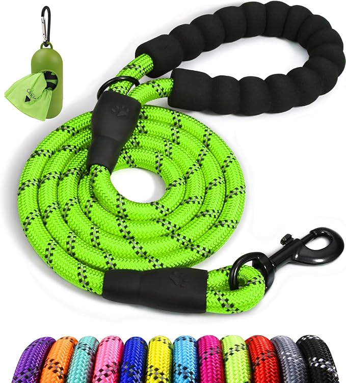 Taglory Rope Dog Leash 6 FT with Comfortable Padded Handle, Highly Reflective Threads Leash and Anti-Tangle Clip for Walking Medium Large Dogs, 1/2 inch, Green