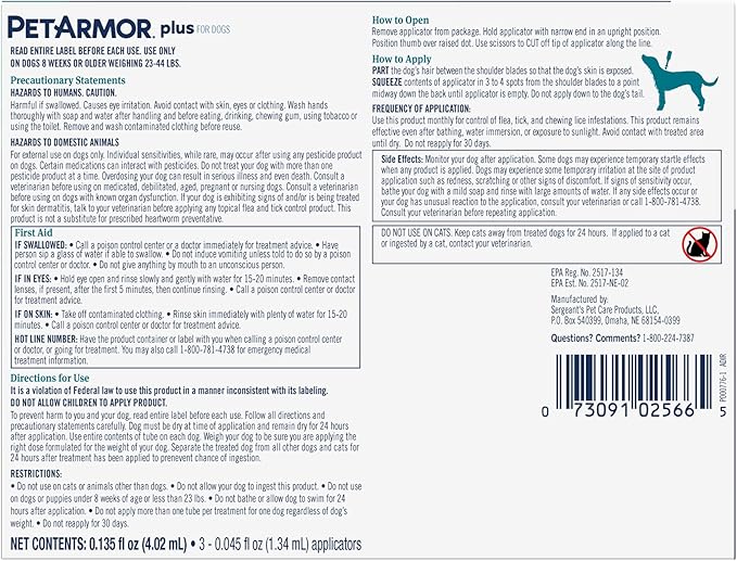 PetArmor Plus Flea and Tick Prevention for Dogs, Medium Dog Flea and Tick Treatment, 1 Dose, Waterproof Topical, Fast Acting (23-44 lbs)