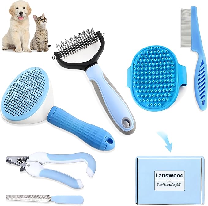 Dog Brush Dog Grooming Kit 6PCS Dog Brush for Shedding-Dog Brushes for Grooming, Dematting Comb for Dogs, Cat Nail Clipper with Nail File, Flea Comb, Bath Brush(Blue)