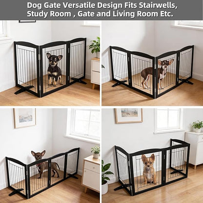 ZJSF Freestanding Dog Fence Indoor, Foldable Dog Gate for Doorways, Stairs or Hallways, Sturdy Wood Extra Wide Pet Gate with Support Feet for The House, Black, 32 "Height-3 Panels