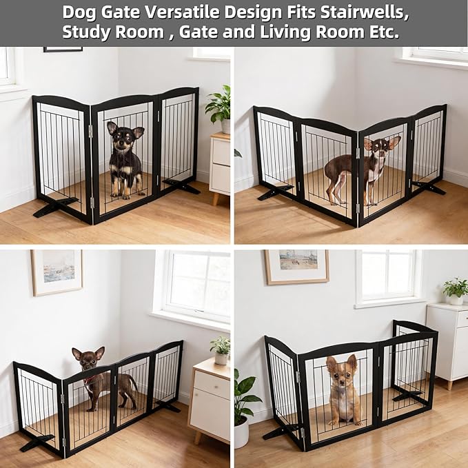ZJSF Freestanding Dog Fence Indoor, Foldable Dog Gate for Doorways, Stairs or Hallways, Sturdy Wood Extra Wide Pet Gate with Support Feet for The House, Black, 24 "Height-3 Panels
