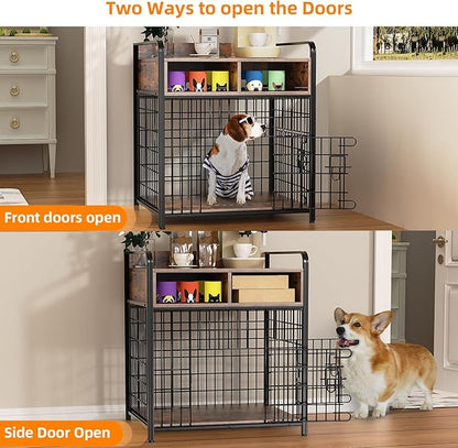Kepptory Small Dog Crate Furniture with Drawers Storage, Puppy Dog Kennel Indoor with Double Doors, Heavy Duty Wooden Dog Cage Table, Sturdy Metal, Rustic Brown