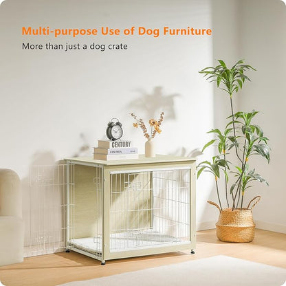 DWANTON Dog Crate Furniture with Cushion, Wooden Kennel Table with Double Doors, Indoor Dog House, Medium Size, 32.5" L, White Oak