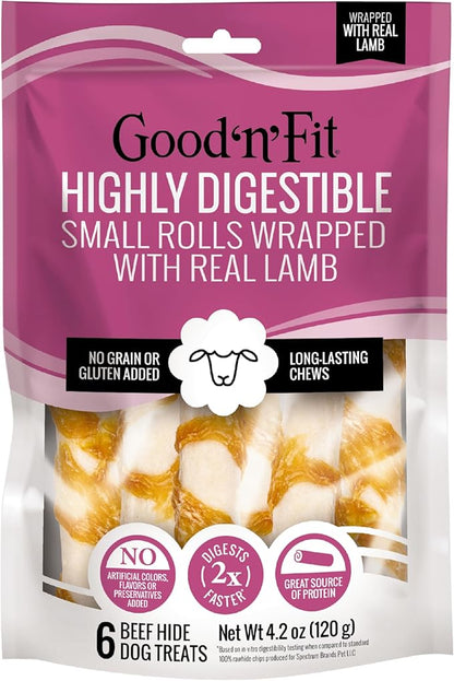 Good ‘n’ Fit Rolls Made with Real Lamb, 6 Small Rolls, Treat Your Dog to a Long-Lasting and Highly Digestible Rawhide Chew