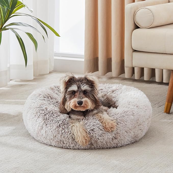 WESTERN HOME WH Calming Dog & Cat Donut Cuddler, Anti-Anxiety Warming Cozy Soft Round Bed, Fluffy Faux Fur Plush Cushion for Small Medium Dogs and Cats (20"/24"/27"/30")