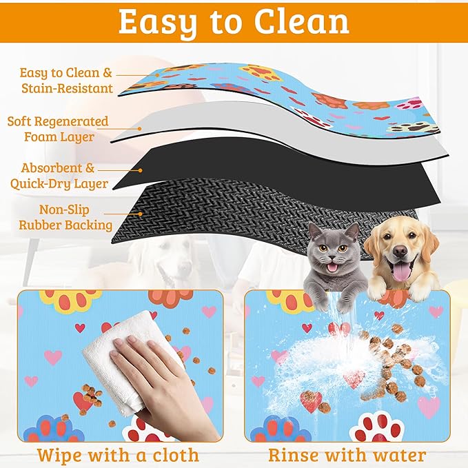 Pet Feeding Mat,Dog Paws Absorbent Dog Cat Food Mat Cute Cat Dog Mat with Rubber Backing,Non-Slip Water Bowl Placemat,Pet Supplies 16" x 24"