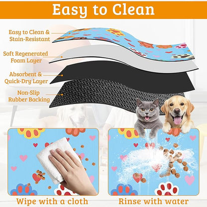 Pet Feeding Mat,Dog Paws Absorbent Dog Cat Food Mat Cute Cat Dog Mat with Rubber Backing,Non-Slip Water Bowl Placemat,Pet Supplies 16" x 24"