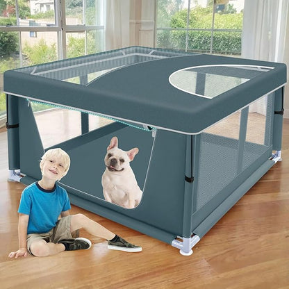 XVISHX 42x42 Inch Puppy Playpen with Cover, Dog Playpen for Puppies or Small Dogs, Pet Playpen for Indoor & Outdoor, Sturdy DogPen with Thickened Fabric, High-Strength Nylon Wire Mesh, Bluish Green