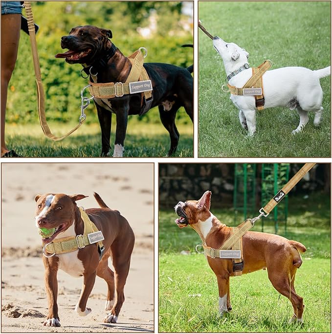 SlowTon No Pull Dog Harness - Heavy Duty Dog Harness and Leash Set for Medium Large Dogs, Reflective Tactical Harness with Soft Padded and Front Clip for Easy Walk and Training (Tan M)