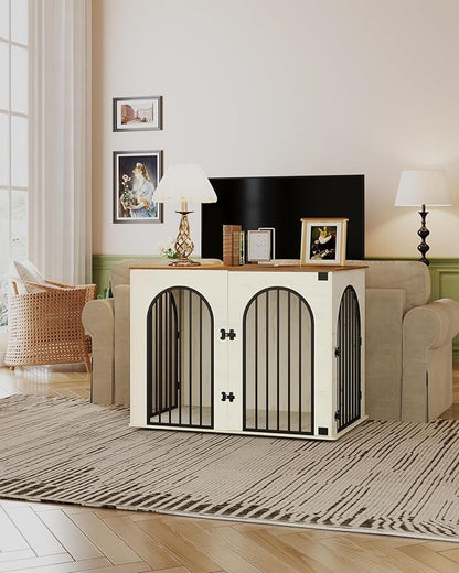 Hzuaneri 44.1" Wooden Dog Crate Furniture, Indoor Dog Kennel Dogs Cage for Small/Medium/Large Dogs, Heavy Duty Dog Crates Decorative Pet House End Side Table TV Stand, White Brown DFC83914B
