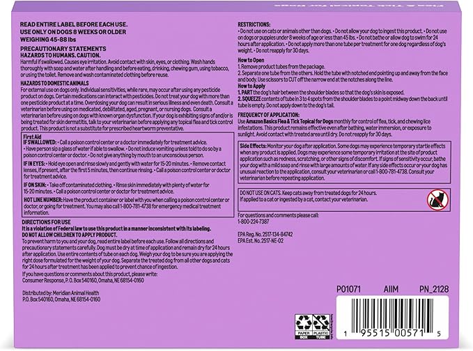 Amazon Basics Preventative Flea and Tick Topical Treatment for Dogs, Large (45-88 lbs), Fast Acting and Long Lasting, 6 Counts, Packaging May Vary