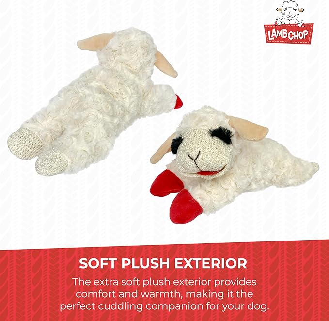 Multipet Lamb Chop Dog Plush Toy - Squeaky Toy for Small & Medium Dogs - Extra Soft Plush - Stuffed Animal for Cuddling & Playing (10", Cream, 5 Squeakers)