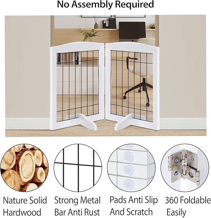 LZRS 2-Panel Freestanding Adjustable Wooden Dog Gate—30” Tall Foldable Pet Barrier with Support Feet, Solid Hardwood & Chew-Resistant Steel Wire for Doorways, Hallways, and Stairs, White