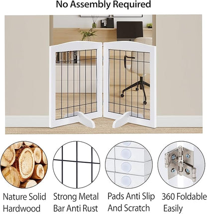 LZRS 2-Panel Freestanding Adjustable Wooden Dog Gate—30” Tall Foldable Pet Barrier with Support Feet, Solid Hardwood & Chew-Resistant Steel Wire for Doorways, Hallways, and Stairs, White