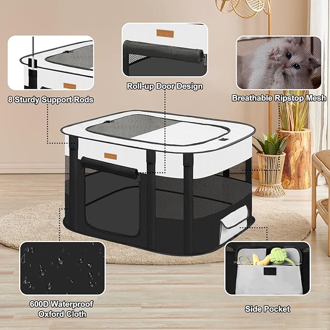Dog Playpen - Foldable Cat Play Pens for Pubby, Kitten, Rabbit, Portable Pet Tent with Carring Bag for Indoor/Outdoor Travel Camping Black X-Large