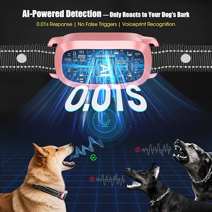 Smart AI Bark Collar for Large Medium Small Dogs, Anti Barking Device with 5 Training Modes, Exclusive Forced Bark-Stopping, Rechargeable IP67 Waterproof Bark Collar with 5 Sensitivity (Pink)