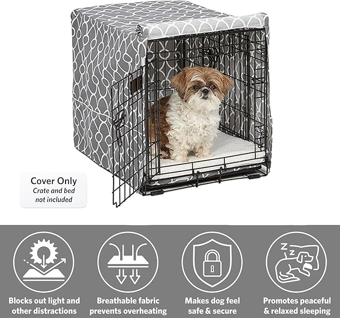 MidWest Homes for Pets Small Dog Crate Cover Featuring Teflon Fabric Protector, Poly-Cotton Privacy Kennel Cover Fits Most 24-inch Crates, Gray Designer Print, Washable, Reduces Barking
