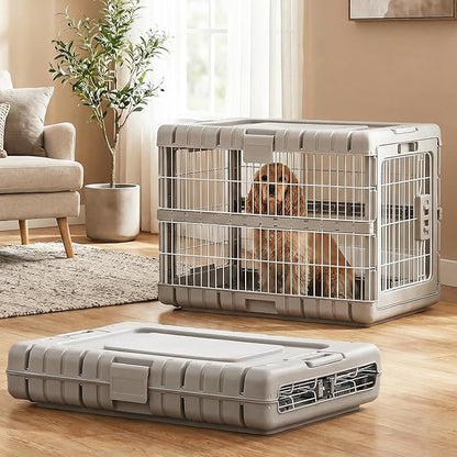 ZOMISIA Collapsible Dog Crate for Dogs - 28" L Heavy Duty Dog Kennel No Tools Required with 4 Sides Steel Foldable Cage for Dogs Indoor Furniture, Portable Carrier with 2 Smooth Wheels, Beige