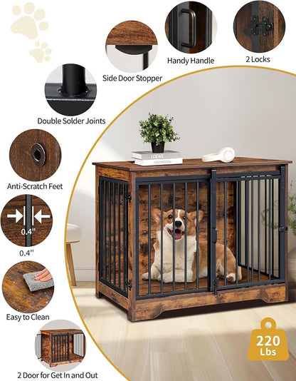 Hzuaneri 31.9" Dog Crate Furniture with Barn Door, Heavy Duty Dog Kennel Indoor with 2 Doors, Wooden Pet Cage End Table for Small Medium Dogs up to 44 lb, Anti-Chew Anti-Escape, Rustic Brown DFC83601B
