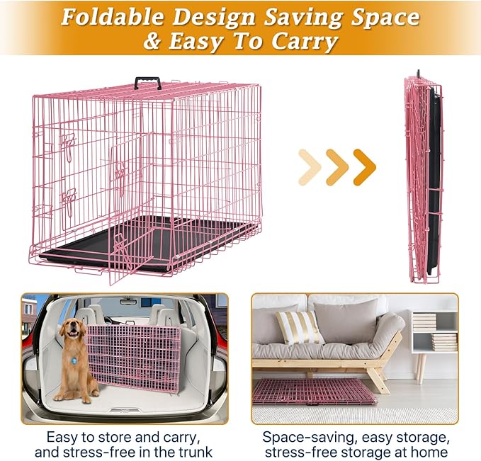 Dog Crate for Large Medium Dogs Folding Dog Kennel Cage with Plastic Tray & Divider 48" Indoor Outdoor Metal Double Door Pet Playpen Heavy Duty Dog Pen Enclosure Pink