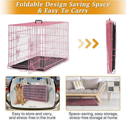 Dog Crate for Large Medium Dogs Folding Dog Kennel Cage with Plastic Tray & Divider 48" Indoor Outdoor Metal Double Door Pet Playpen Heavy Duty Dog Pen Enclosure Pink