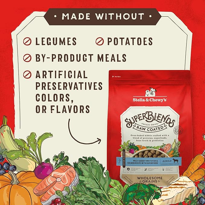 Stella & Chewy's SuperBlends Raw Coated Wholesome Grains Wild-Caught Whitefish & Salmon Recipe with Superfoods, 21 lb. Bag