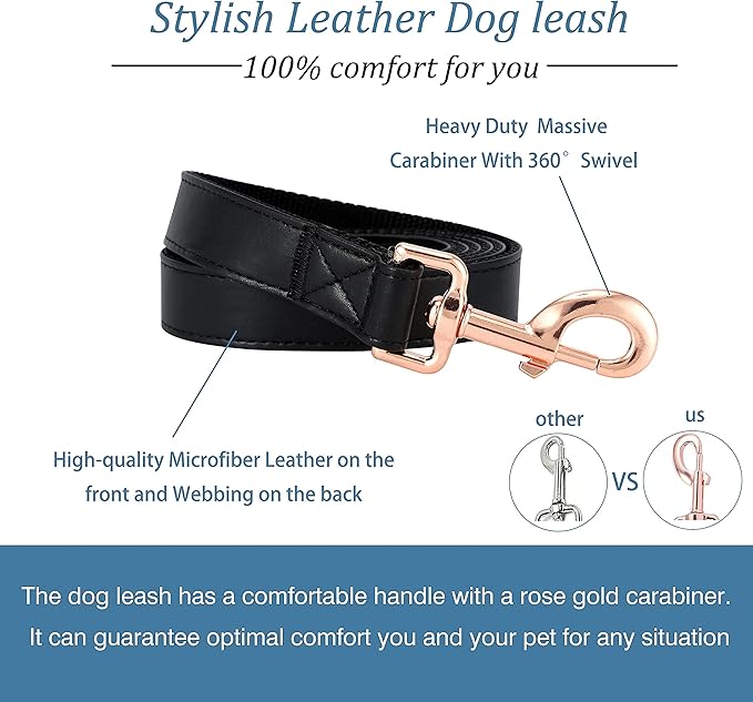 Dog Collar and Leash Set.Soft and Easy to Clean Vegan Leather with Rose Gold Metal Buckle for Small Medium Large Dogs (Black, S(12.2"-16.9"))