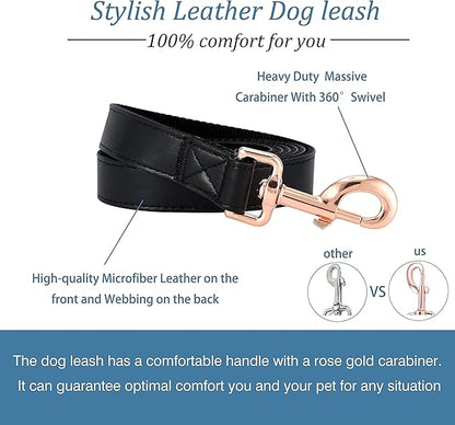 Dog Collar and Leash Set.Soft and Easy to Clean Vegan Leather with Rose Gold Metal Buckle for Small Medium Large Dogs (Black, S(12.2"-16.9"))