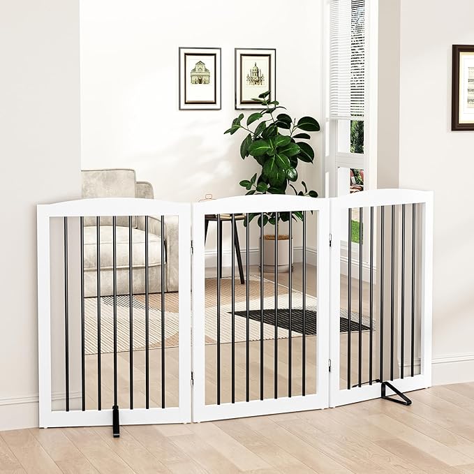 PUPETPO Freestanding Pet Gate for Dogs, Foldable Wooden Dog Gate for House Indoor, Tall Pet Fence for Stair, Doorway,Hall, Support Feet Included, 3 Panels 32",White