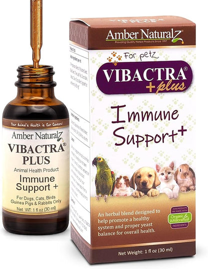 Amber NaturalZ Vibactra Plus Herbal Supplement for Dogs, Cats, Birds, Guinea Pigs, and Rabbits | Herbs for Immune Health and Yeast Balance | 1 Fluid Ounce Glass Bottle