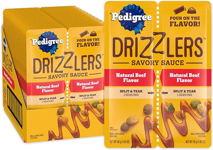 Pedigree Drizzlers for Dogs, Wet Dog Food Gravy Savory Sauce, Natural Beef Flavor, 60g Dual-Serving Pouch (22 Count, 44 Servings Total)