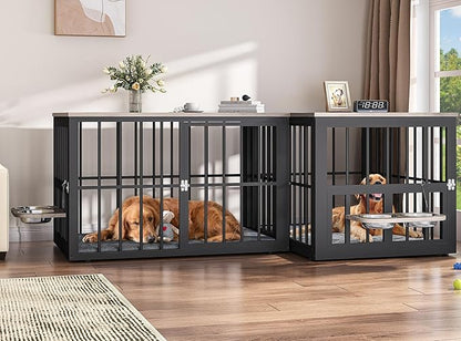 YITAHOME 88.6" Double Dog Crate Furniture, Wooden Dog Kennel with Bowls & 3 Doors, Large Double Crate Furniture TV Stand, Grey