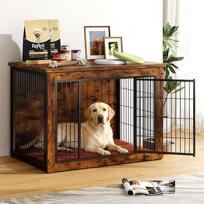 Greesum Modern Dog Crate Furniture That Doubles as a Side Table - Sturdy Wooden Kennel with Double Door Design, Equipped with Soft Cushion & Chew-Resistant Resign, Suitable for Dogs