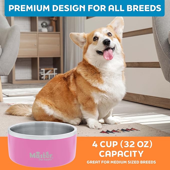 Master Pet Supply Stainless Steel Dog Bowls - 32 oz, Heavy Duty - Hyper Pink, Double Wall Extra-Thick Insulated, Non-Slip Pet Water Bowl for Dogs, Cats & Pets, Anti Rust Metal, Dish Washer Safe
