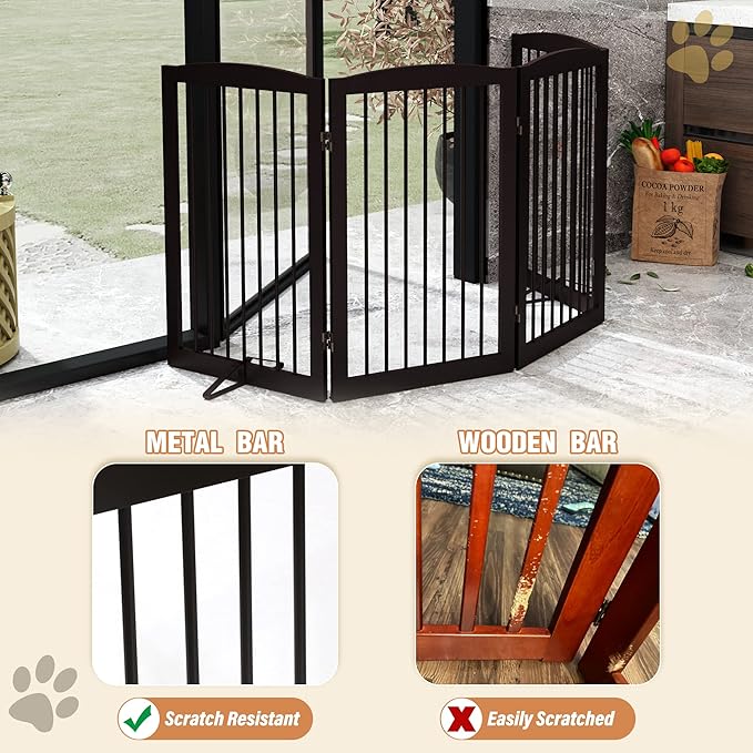 PUPETPO Freestanding Pet Gate for Dogs, Indoor Wooden Foldable Dog Gate for House, Doorway, Stair, 80 Inch Wide, 4 Panels 32",Brown