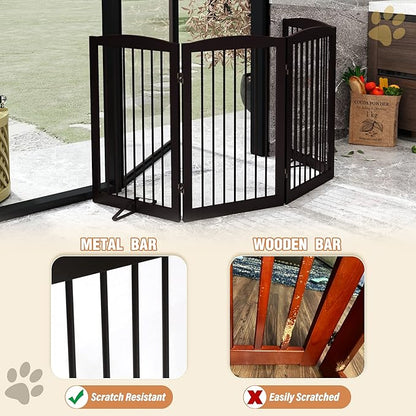 PUPETPO Freestanding Pet Gate for Dogs, Indoor Wooden Foldable Dog Gate for House, Doorway, Stair, 80 Inch Wide, 4 Panels 32",Brown
