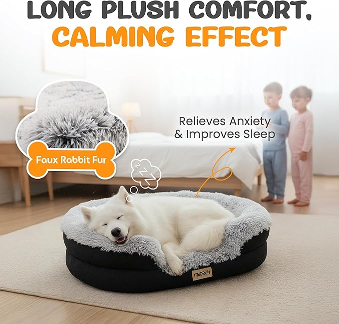 Fluffy Orthopedic Dog Bed for Small & Medium Dogs and Cats, Calming Plush Sofa Bed with Curved Bolster Support and Egg-Crate Foam Base, 35" Cozy Oval Pet Donut Bed with Washable Cover, Gray