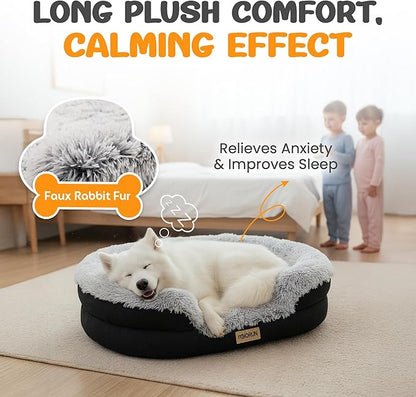 Fluffy Orthopedic Dog Bed for Small & Medium Dogs and Cats, Calming Plush Sofa Bed with Curved Bolster Support and Egg-Crate Foam Base, 35" Cozy Oval Pet Donut Bed with Washable Cover, Gray