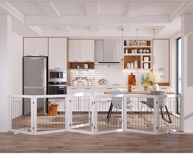 Vantas Folding Pet Gate 144" Wide, 30" Tall No-Assembly Wooden Dog Gate with Door Walk Through, Freestanding Wire Pet Puppy Safety Fence, with 2PCS Support - White