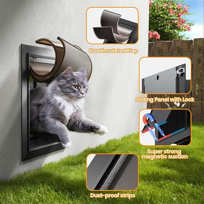 Cat Door for Wall, All Aluminum Doggy Doggie Pet Door Small Dog Door, With Closing Panel, 2 Magnetic Flaps Energy Efficient, Wide Telescoping Tunnel for Interior & Exterior Wall, Pets Up to 22Lb Black
