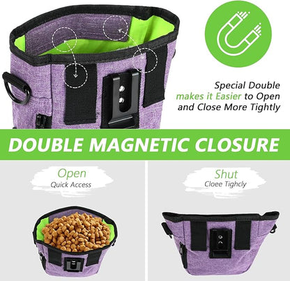 kissleaf Dog Treat Pouches for Pet Training with Magnetic Closure Treat Pouches for Pet Training,Large Dog Treat Training Pouch and Dog Clicker,Training Treat Pouch Built-In Poop Bag Dispenser-Purple.
