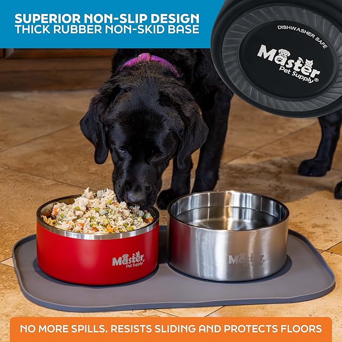 Master Pet Supply Stainless Steel Dog Bowls - 128 oz, Heavy Duty - Black Velvet, Double Wall Extra-Thick Insulated, Non-Slip Pet Water Bowl for Dogs, Cats & Pets, Anti Rust Metal, Dish Washer Safe