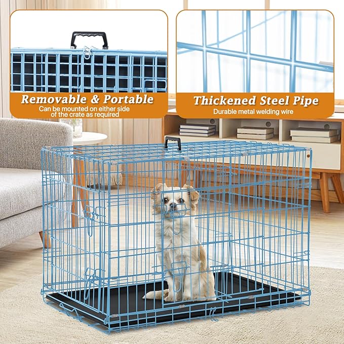 Dog Crate Dog Kennel Cage for Small Dogs, 24" Portable Foldable Indoor Outdoor Large Double Door Wire Metal Puppy Cat Pet Dog Cage with ABS Tray LC & Divider, Blue