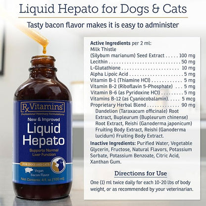 Rx Vitamins Liquid Hepato Support for Dogs & Cats - Liver Support Supplement with Milk Thistle for Dogs (Silymarin & Silybinin) and Vitamin B - Bacon Flavor (4oz)